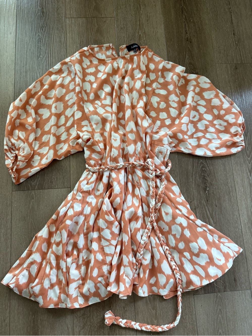 Aakaa Peach & White Printed Braided-Belt Dress